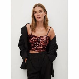 MANGO NWT Brown Sequin Sleeveless Ruched Front Convertible Crop Top S